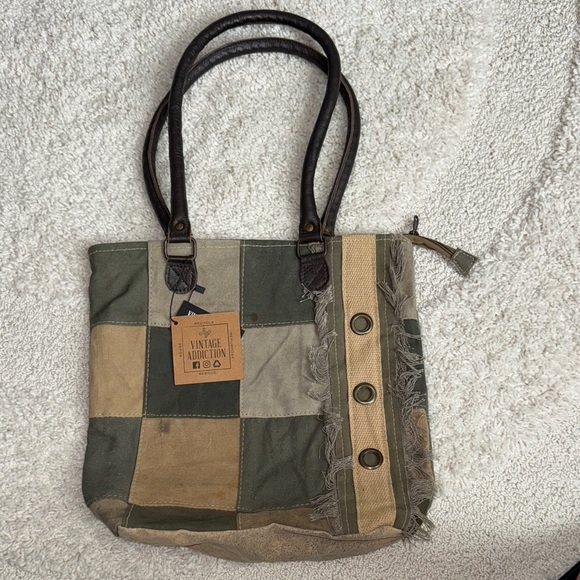 Vintage Addiction Handbags - Vintage Addiction Recycled Military Tent Canvas Patchwork Tote Bag NWT